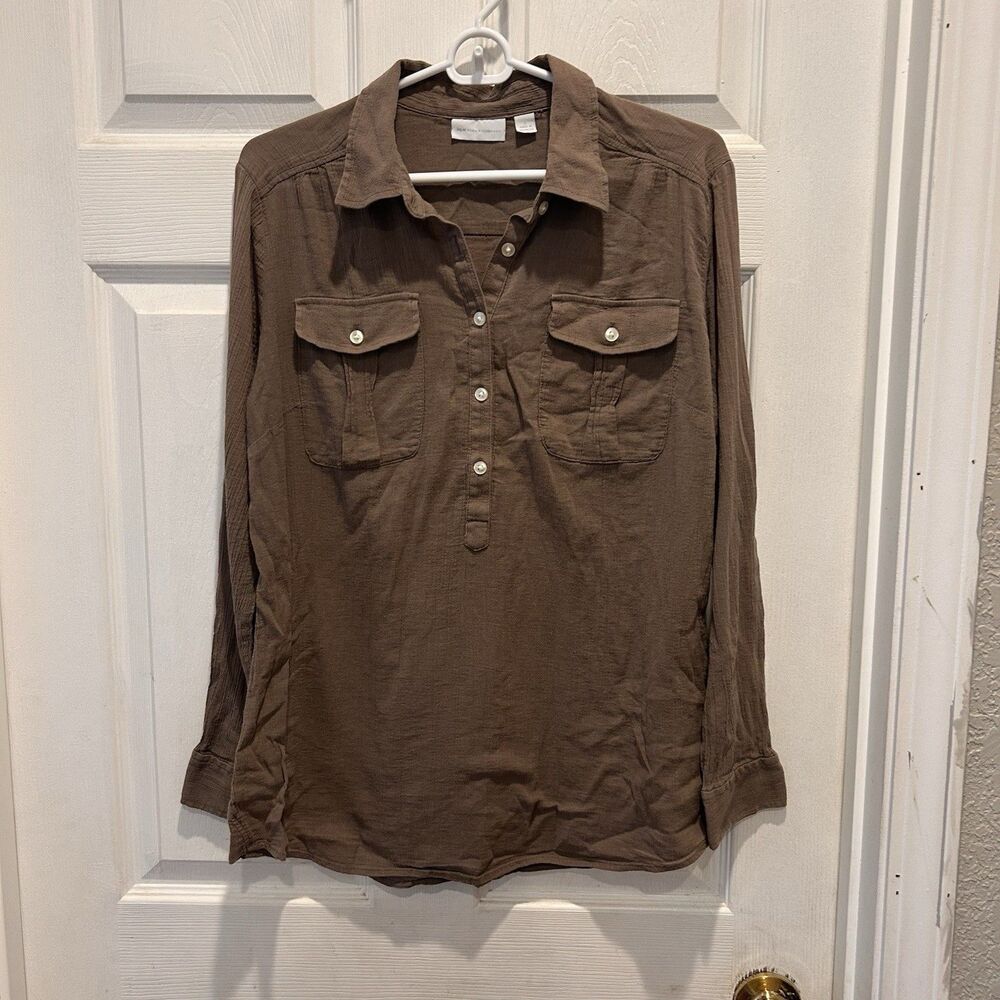 NY&C Large Brown Semi Sheer‎ Button Up Shirt Roll Tab Sleeve Top Career Beachy